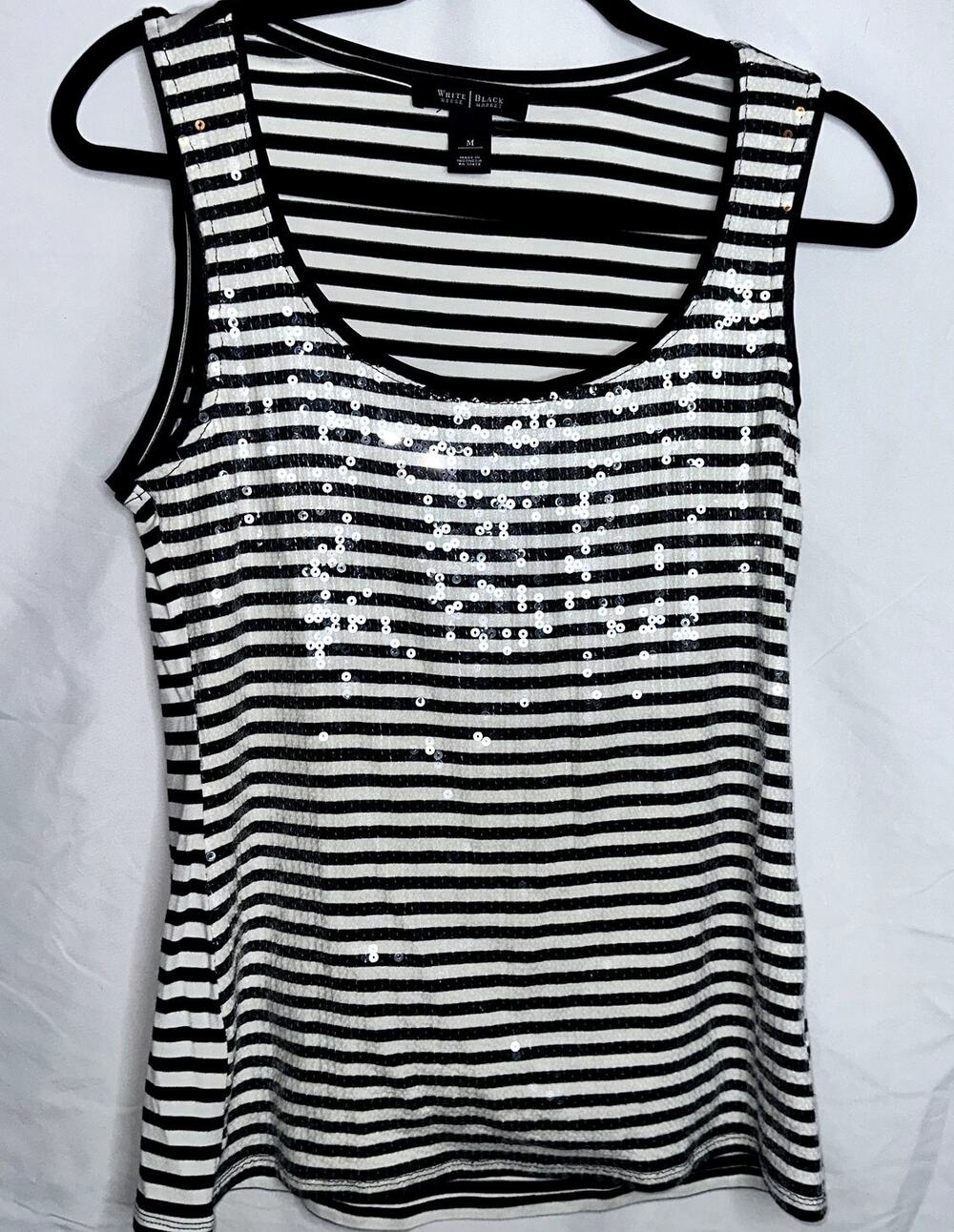 White House Black Market Womens Size Medium Black White Sequin Strip Tank Top